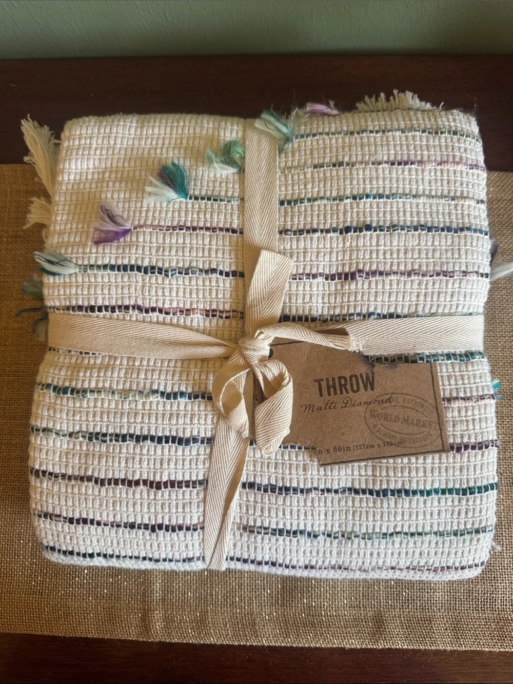 World Market Multi Diamond Throw Blanket 50”x 60” Cream Teal Purple